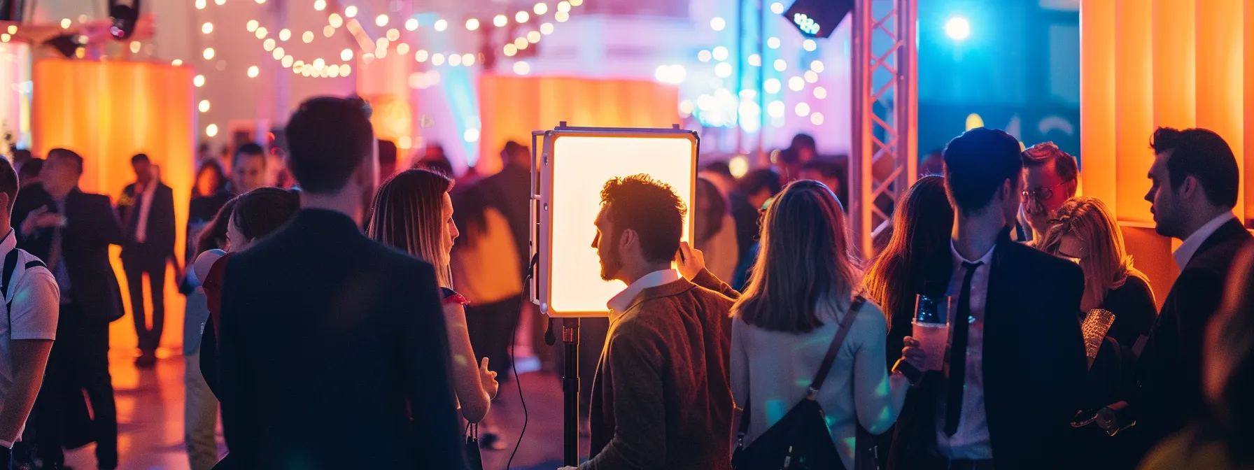 Understanding the Disadvantages of a Photo Booth Experience 7 a vibrant, bustling event scene showcases a beautifully designed photo booth surrounded by joyful guests eagerly capturing moments, illuminated by soft, glowing lights that enhance the festive atmosphere.