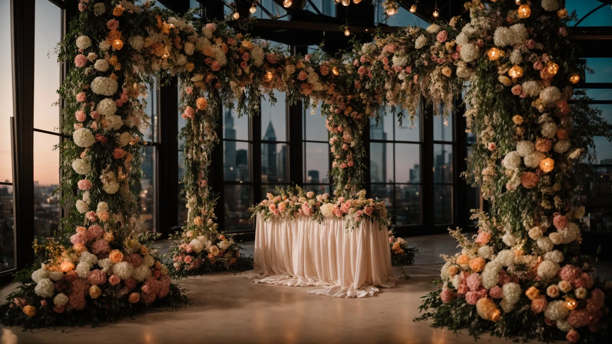a vibrant wedding photo booth adorned with lush floral decorations and soft fairy lights, set against a picturesque philadelphia backdrop during golden hour, exuding a joyful and enchanting atmosphere.