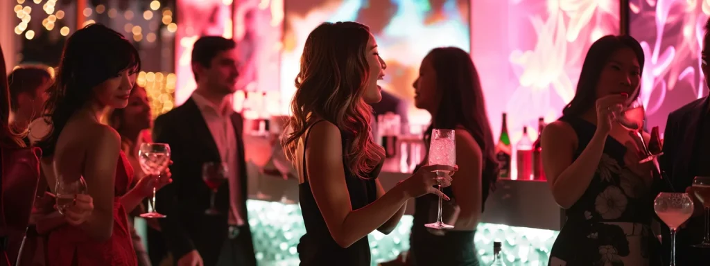 Capture Your Fun Moments with the Best Philly Photo Booth! 5 a glamorous event scene showcases a chic photo booth adorned with elegant props and a stylish custom backdrop, bustling with guests joyfully posing for striking photos in a vibrant, upscale urban setting.