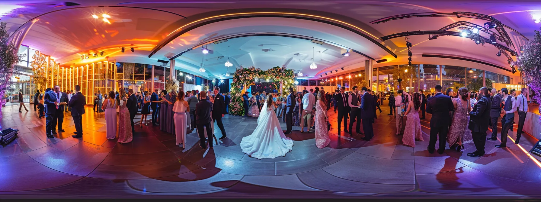 Expert Tips for Selecting Your Ideal Wedding Picture Booth 6 a sleek and vibrant wedding booth setup features an engaging 360-degree camera enveloped by guests joyfully posing, showcasing a seamless blend of technology and social media interaction in an elegant urban event space.