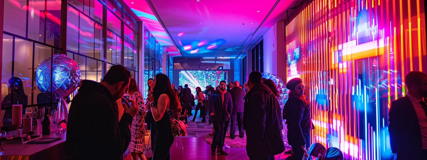 a vibrant event scene features a sleek, modern photo booth adorned with personalized props, set against a stylish backdrop illuminated with dynamic lighting, where guests are joyfully capturing memories during a lively celebration.