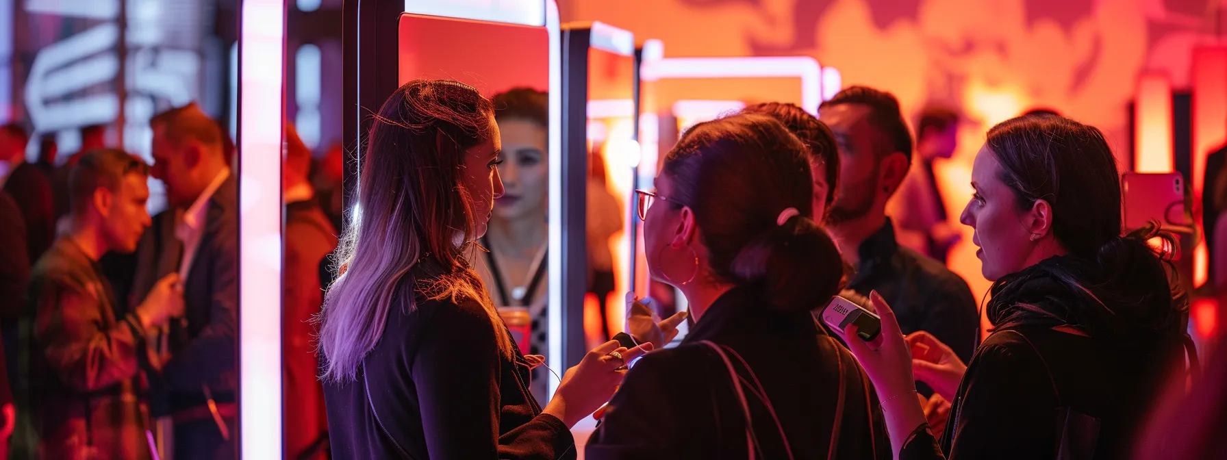 Unforgettable Moments Await: Magic Mirror Photo Booth Rental 4 a vibrant event space filled with joyful guests interacting with a sleek, illuminated magic mirror photo booth that features an eye-catching design, creating an atmosphere of excitement and engagement as instant photos are printed.