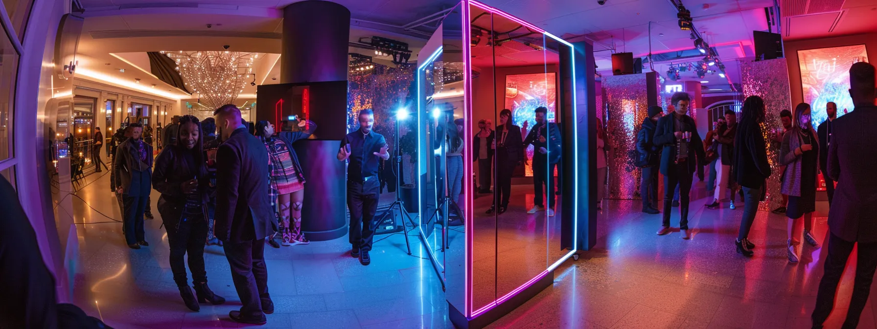 Enhance Events with a Magic Photo Booth Mirror Experience 5 a vibrant, modern event space in boston showcases the magic mirror photo booth, surrounded by enthusiastic guests engaging with its interactive display, capturing joyful memories against a stylish backdrop.