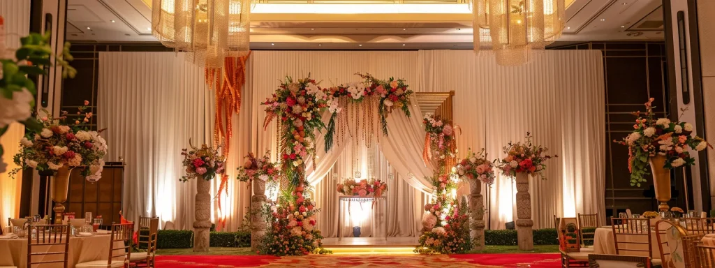 a vibrant wedding booth, adorned with whimsical decorations and a backdrop featuring elegant floral patterns, captures joyful moments between the newlyweds and their guests, all set against the stylish ambiance of a chic reception hall.