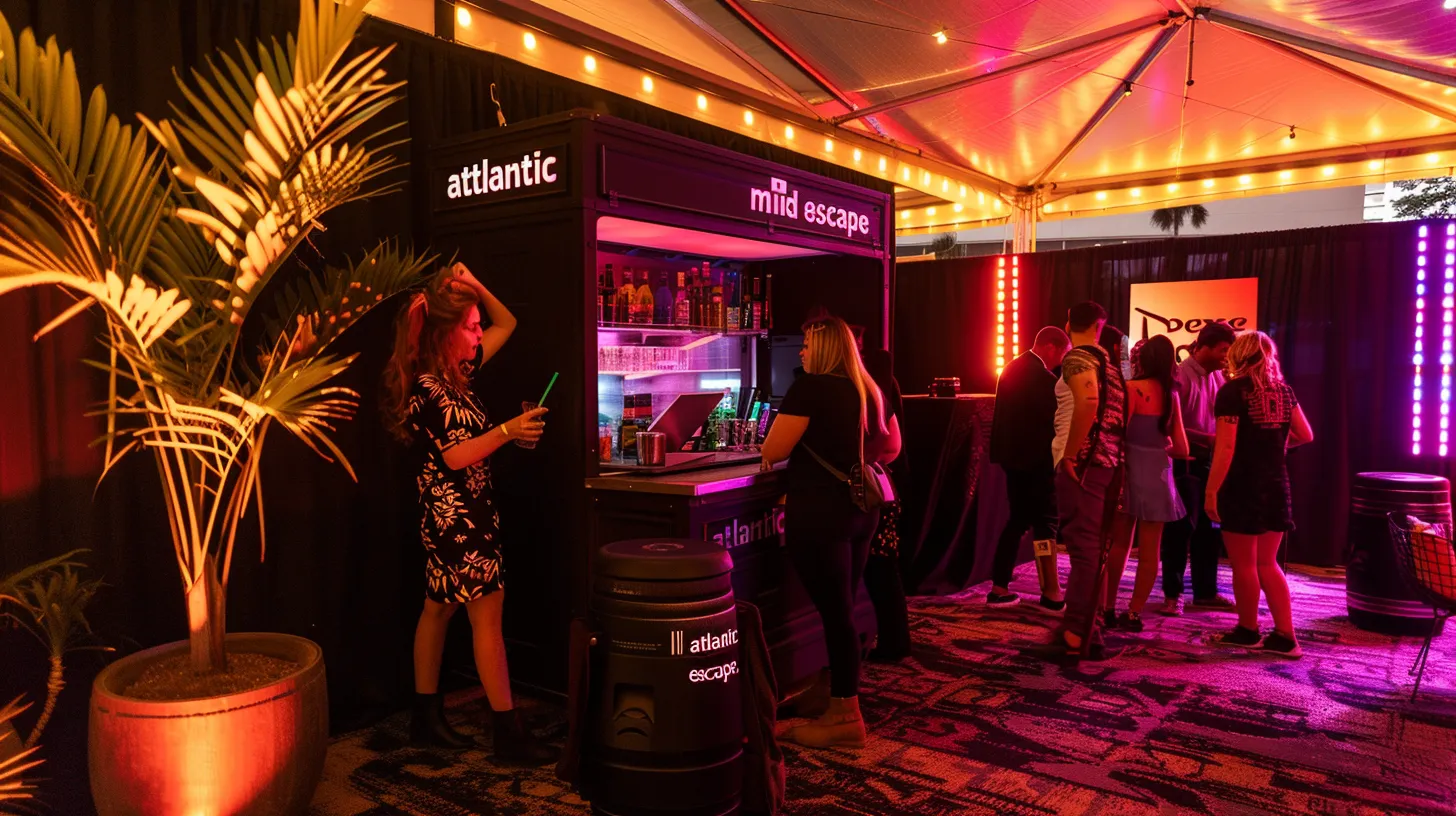 a stylish mobile escape room at a corporate event features a sleek black tent labeled “mid atlantic escape,” as diverse groups of attendees enthusiastically engage with vintage props and solve puzzles, all under warm lighting that enhances the festival-like atmosphere.
