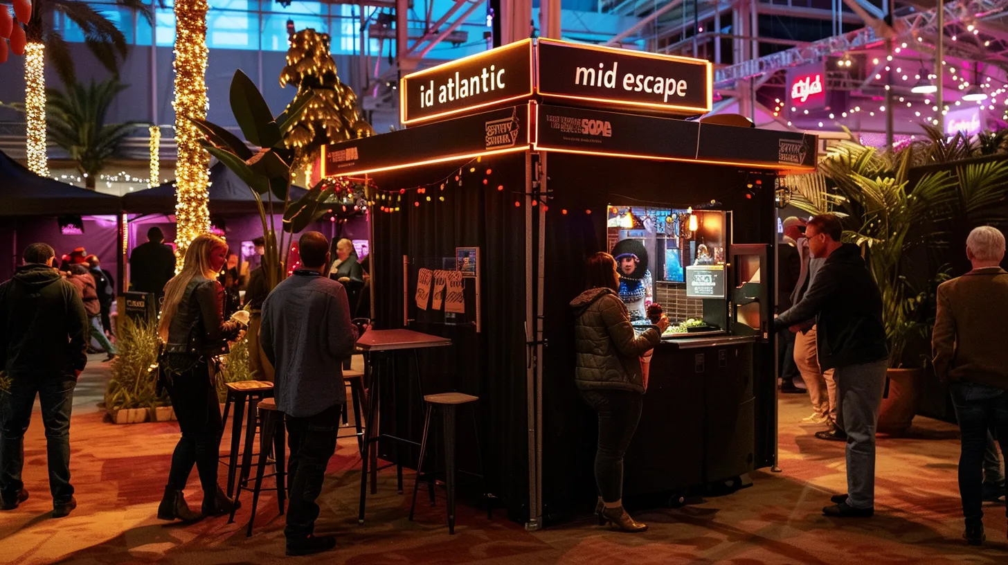 a vibrant mobile escape room at a corporate event features a stylish black tent inscribed with “mid atlantic escape,” encircled by diverse groups of enthusiastic participants joyfully collaborating on puzzles amidst an engaging atmosphere filled with props like locks and keys, illuminated by warm light and complemented by festival-inspired decor.