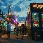 a vibrant outdoor corporate event scene features a sleek black tent branded “mid atlantic escape,” where diverse groups of people joyfully collaborate on intricate puzzles amid an engaging atmosphere of vintage props, atmospheric lanterns, and a lively festival-like setting.