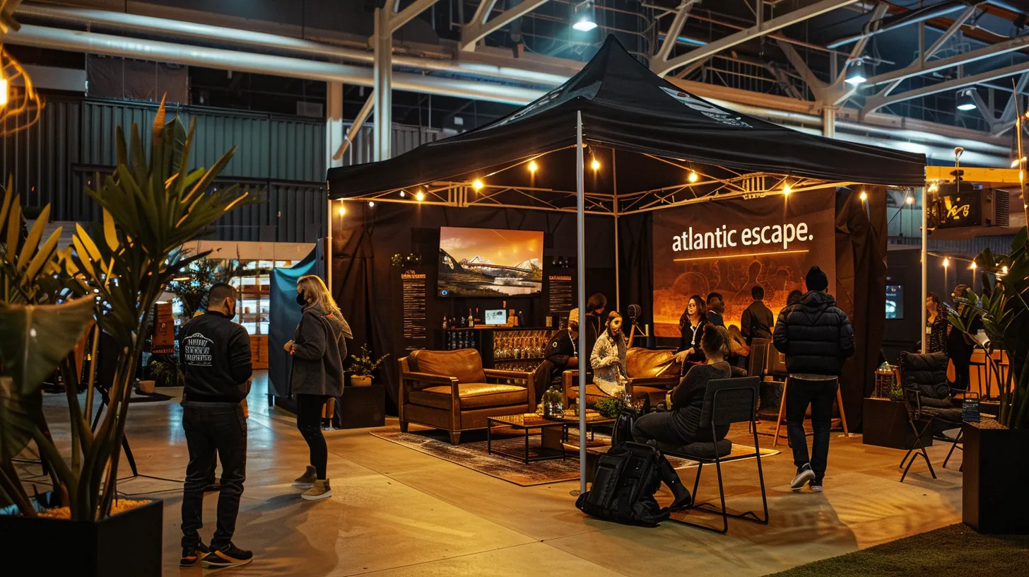 an engaging corporate event scene features a sleek black mobile escape room tent branded “mid atlantic escape,” bustling with diverse groups of people actively laughing and collaborating as they solve puzzles amidst an array of vintage props, locks, and keys, all under warm lighting that enhances the lively, festival-like atmosphere.