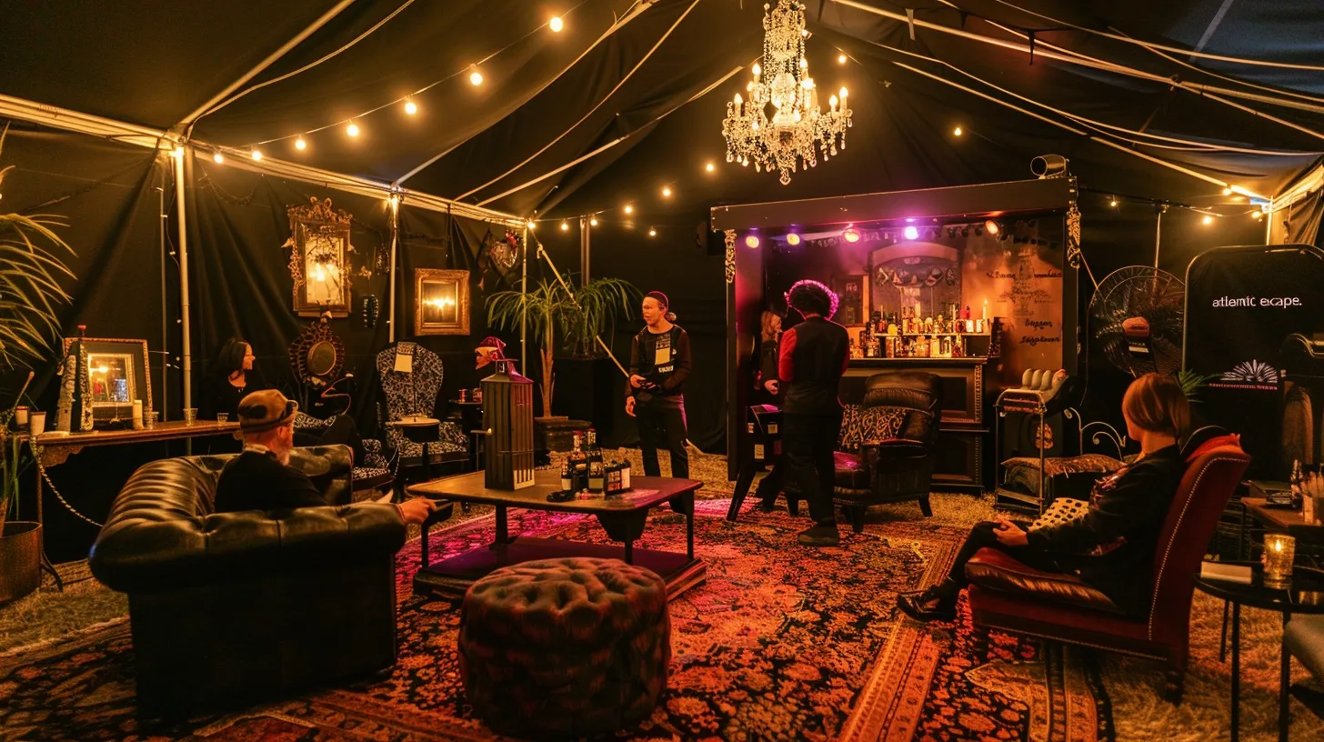 an immersive mobile escape room experience unfolds at a corporate event, featuring a stylish black tent marked 