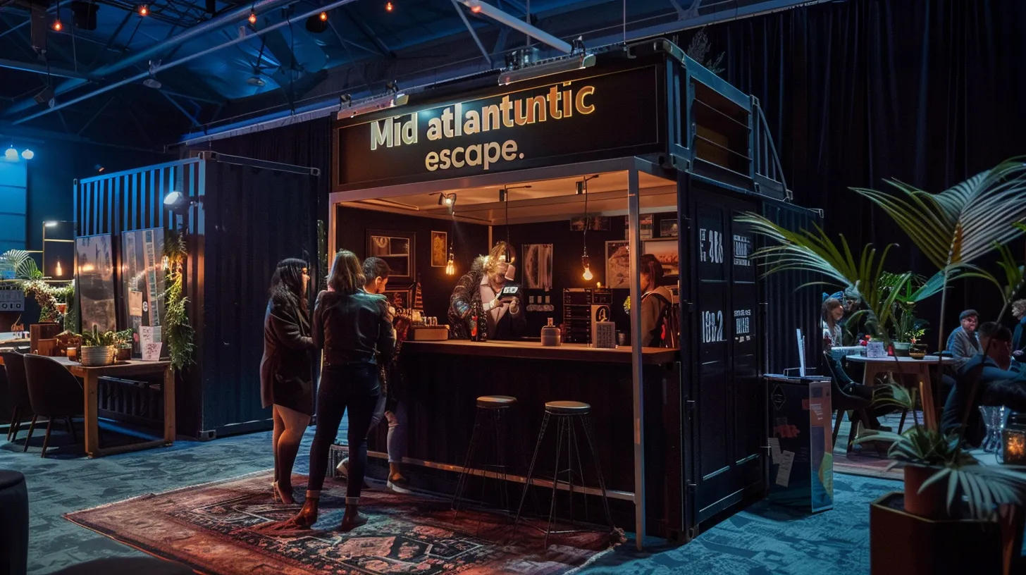 an immersive mobile escape room at a bustling corporate event features a sleek black tent marked “mid atlantic escape,” where diverse groups enthusiastically engage with puzzles and vintage props, surrounded by festive tables and atmospheric decor, all captured in warm lighting to highlight collaboration and problem-solving.