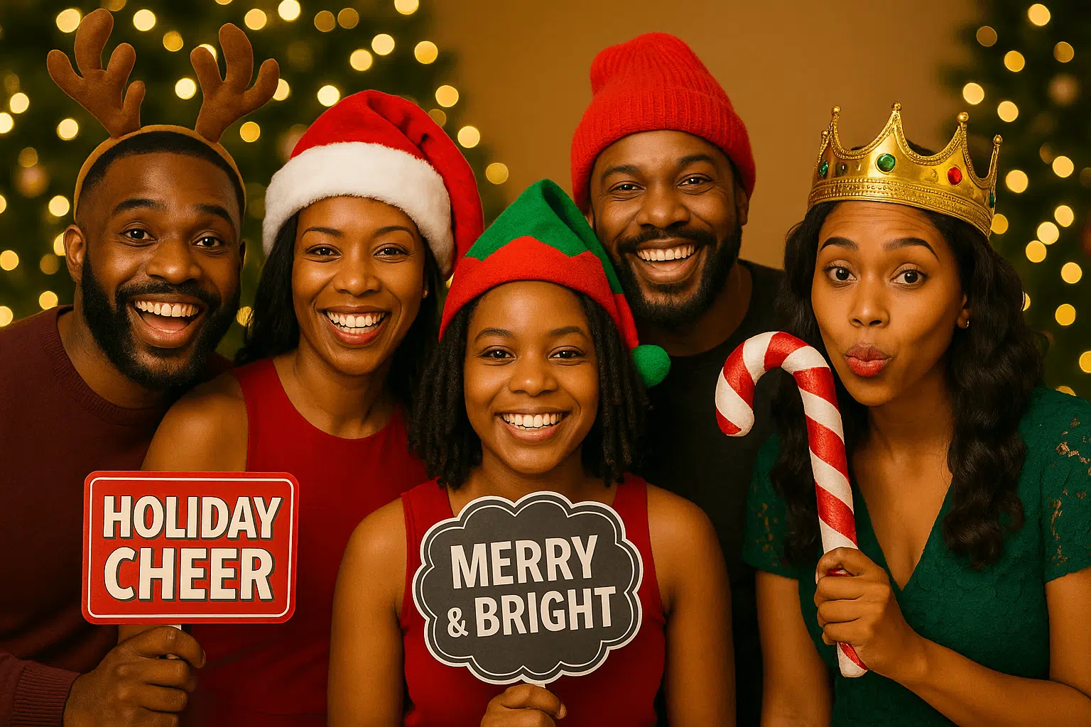Guests in festive attire posing at a holiday photo booth with Christmas lights