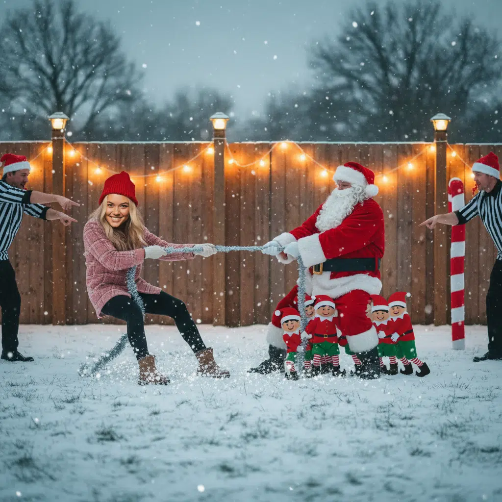 AI-generated holiday portrait of guests in a snowy winter scene