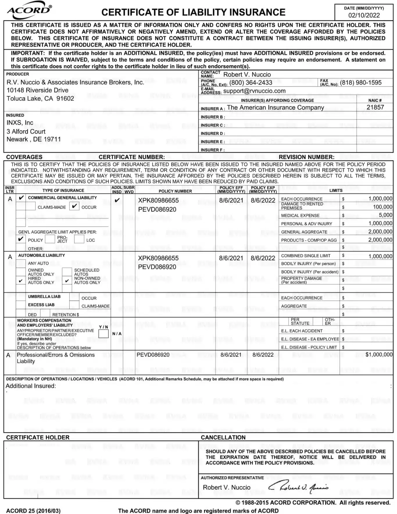Sample Certificate of Insurance