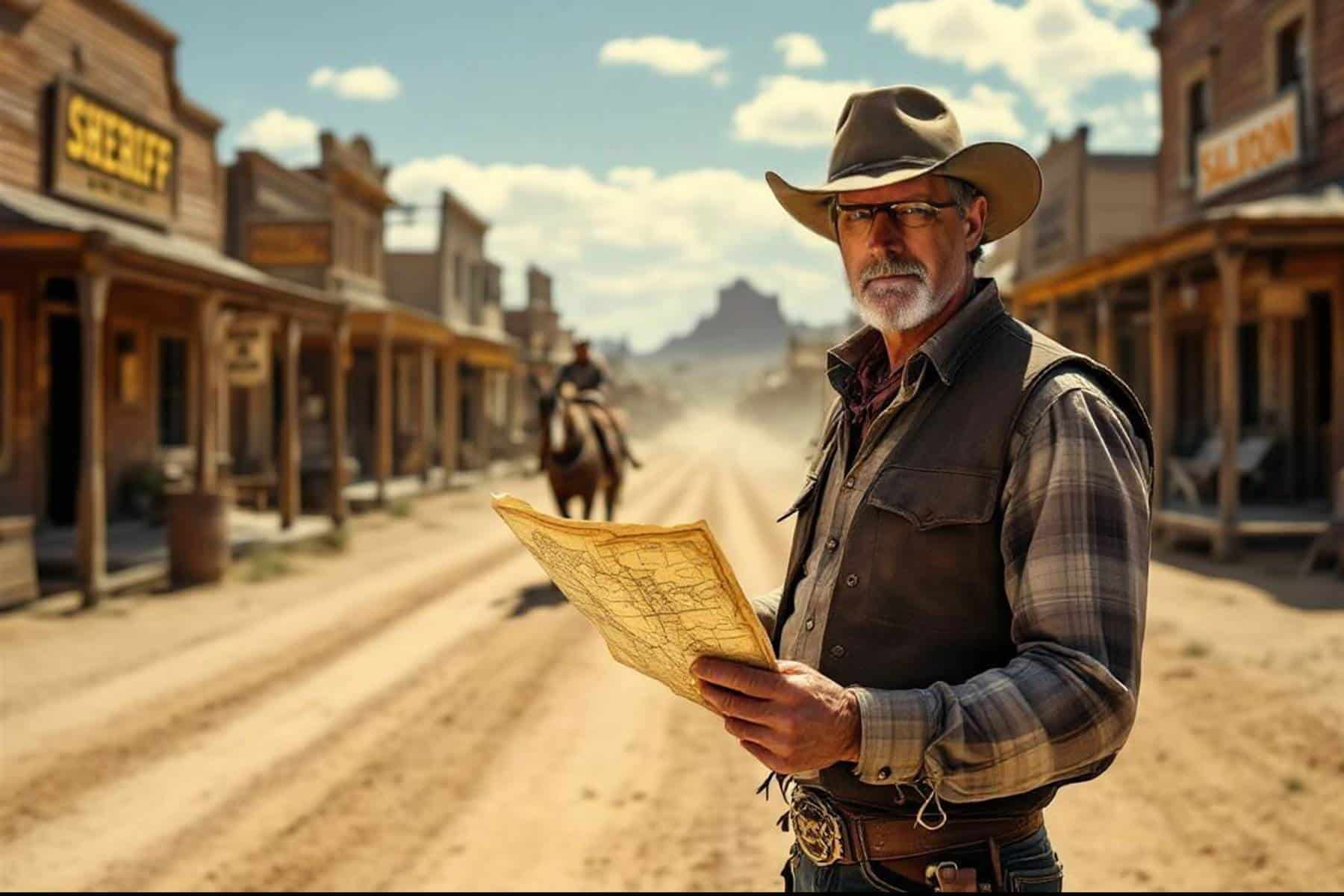 Old Time Photo Experience 7 A man in cowboy attire holds a map on a dusty street in a Western town, with wooden buildings and a rider on horseback in the background under a bright sky.