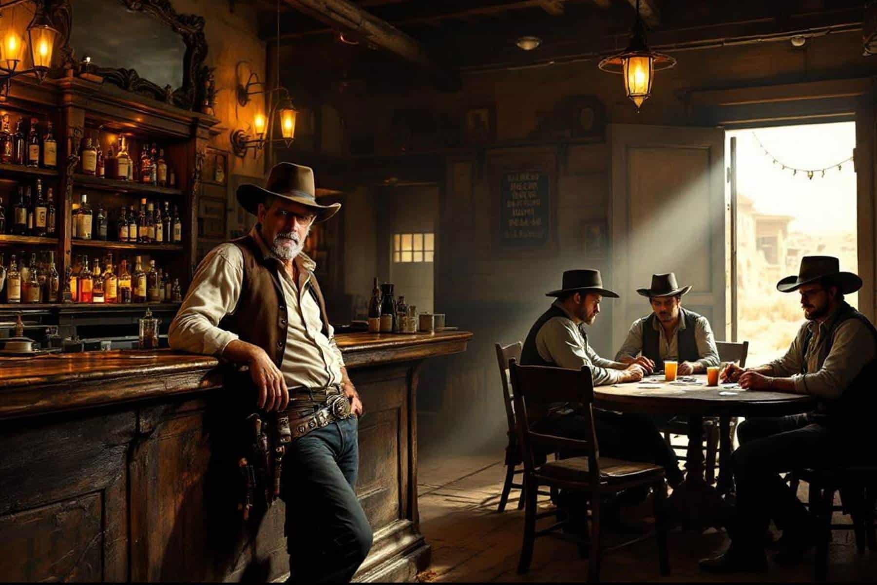 Old Time Photo Experience 4 Four men wearing cowboy hats are in a dimly lit saloon; one stands by the bar while three sit at a table playing cards. Sunlight streams in from an open door, highlighting rustic decor and shelves of bottles.