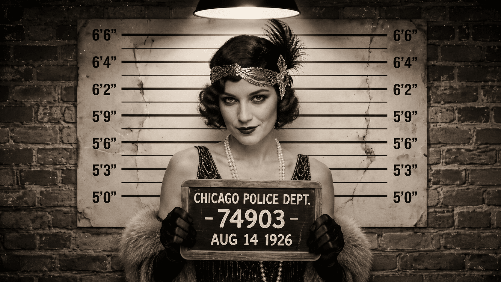 Old Time Photo Experience 3 A woman in 1920s attire poses for a mugshot, holding a sign that reads “Chicago Police Dept. 74903 Aug 14 1926.” She stands against a height chart on a brick wall, under a hanging light.