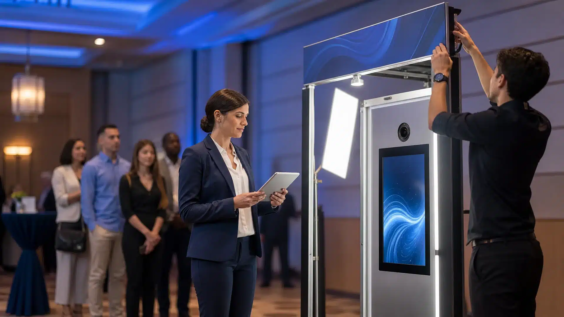 A woman with a tablet stands near a digital kiosk from a corporate photo booth rental Philadelphia provider as a man adjusts it, while several people wait in line behind her in a modern, well-lit event space.