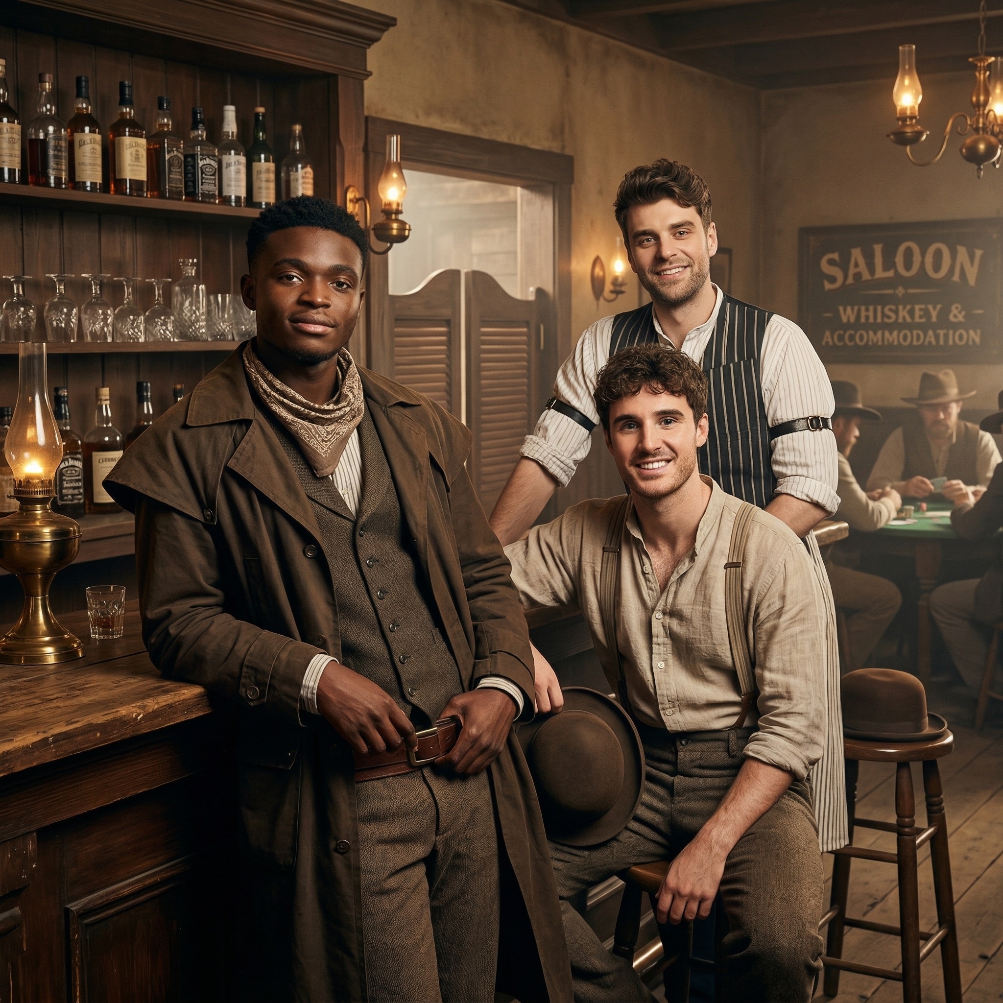 Old Time Photo Experience 12 Three men dressed in Old West attire pose in a saloon with wooden shelves, bottles, and a Saloon Whiskey & Accommodation sign in the background. Patrons sit at tables under lamplight.