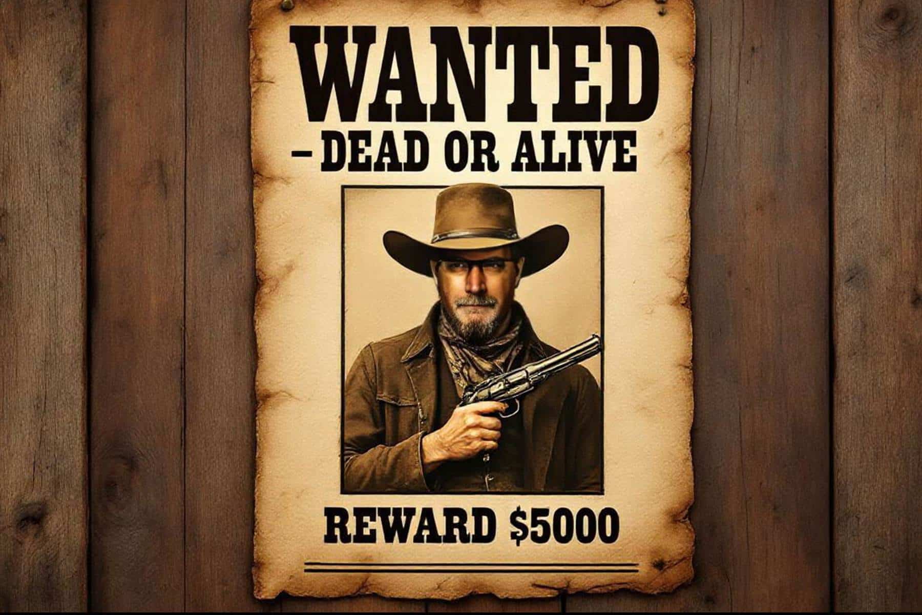 Old Time Photo Experience 8 A wanted poster on wood shows a man in a cowboy hat holding a revolver. Text reads, “WANTED – DEAD OR ALIVE. REWARD $5000.” The paper looks old and torn around the edges.